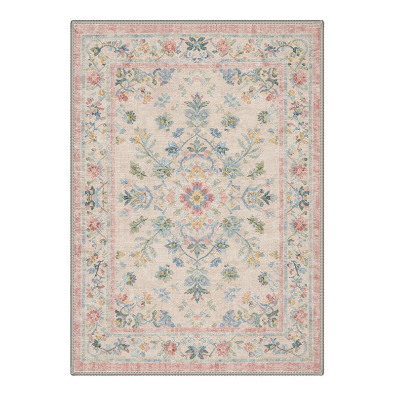 Tapis rosé / beige / bleu à motif floral lavable à la machine avec envers antidérapant, Rectangle 6 pi x 9 pi