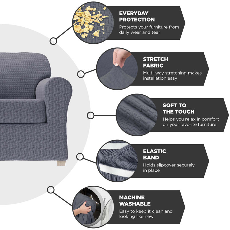 Housse extensible pour canapé à coussins carrés, H 34 po x l 96 po x P 38 po, Mélange de polyester gris foncé