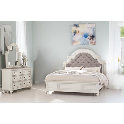 Nina Antique White Upholstered Tufted Panel Bedroom Set