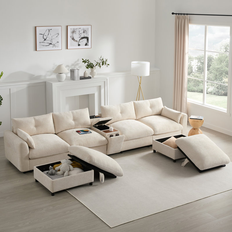 Modular Sectional Sofa With Movable Storage Ottoman And Console, Cup Holder, Wide Seat, 6 Seat U Shaped Couch, Oversized Sofa With USB Charger