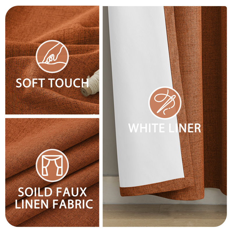 100% Blackout Linen Curtains,Room Darkening Grommet Drapes for Bedroom with White Liner, 52" W x 84" L, Burnt Orange
