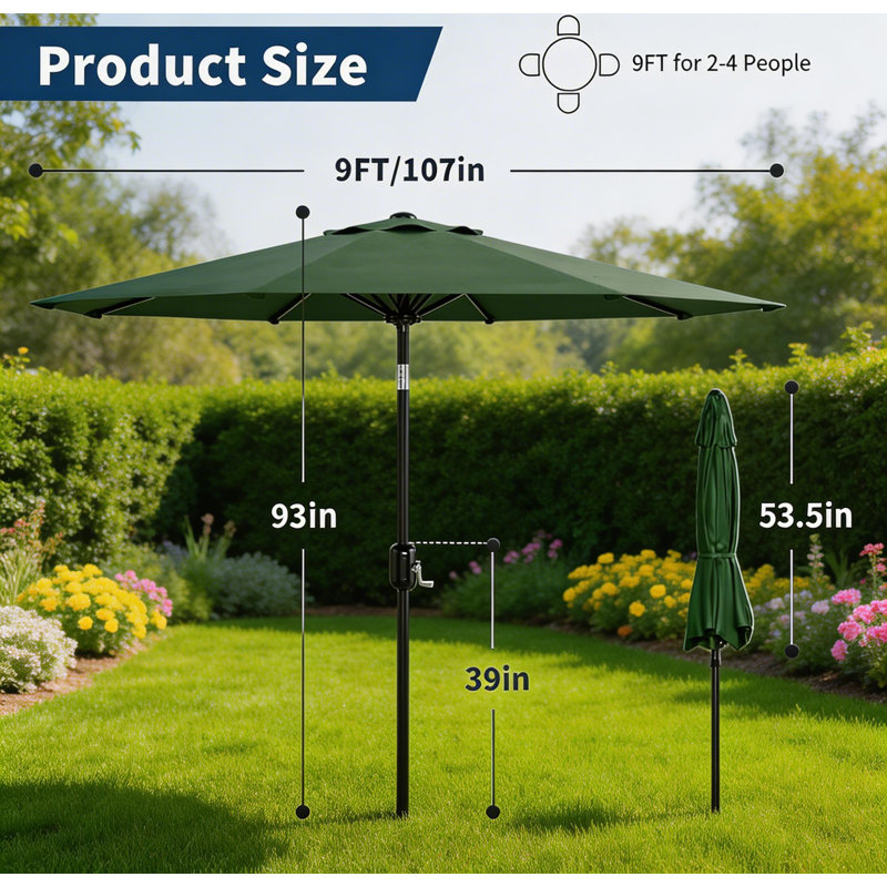 Parasol de patio extérieur de 9 pi avec manivelle et inclinaison à bouton-poussoir, protection UV imperméable, Vert