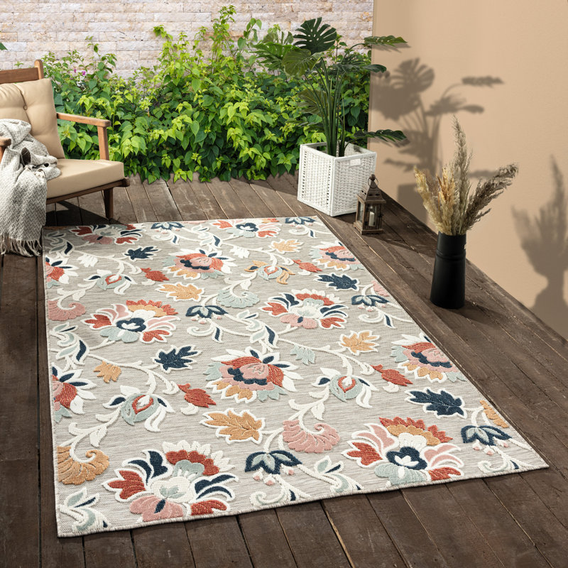 Tapis d'intérieur / extérieur multicolore Floral Filigree, Rectangle 5 pi x 7 pi