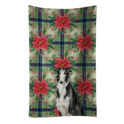 Black and White Borzoi Christmas PoinsettIas Kitchen Towel