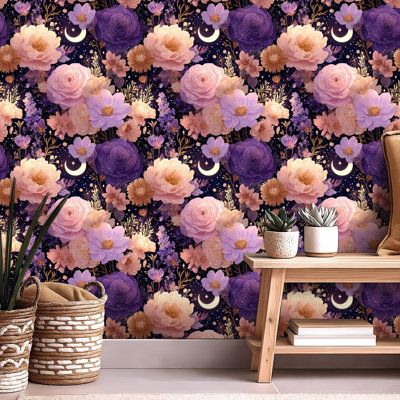 Papier auto-adhésif à peler et coller de luxe avec fantaisie, néons de lune floraux auto-adhésifs et amovibles 24 po x 118 po (60 x 300 cm)