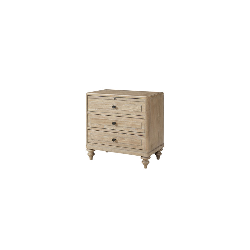 Table de chevet 3 tiroirs à finition sable, bois massif et premier tiroir doublé de feutre, fond inférieur, ports de charge A&C, 29,06 po Grande table de chevet avec coloriage, A et C, 28 po de profondeur