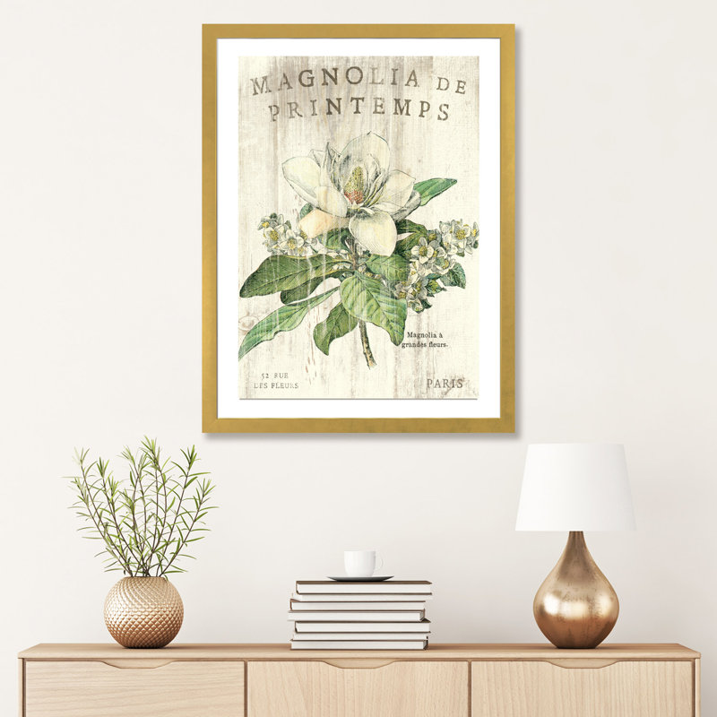 «Magnolia De Printemps» par Sue Schlabach - impression d'art graphique, H 32 po x l 24 po x P 1 po, Papier encadré doré