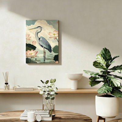 «Blue Heron in Lake», reproduction d'art sur toile, décor animalier rétro, décoration de chambre à coucher, support de cadre en bois massif, 16 po x 24 po