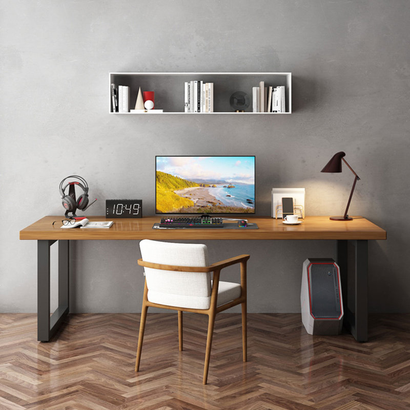 Brown+Black Rectangular Solid Wood+Steel desk, 29.53" H x 86.61" W x 31.5" D