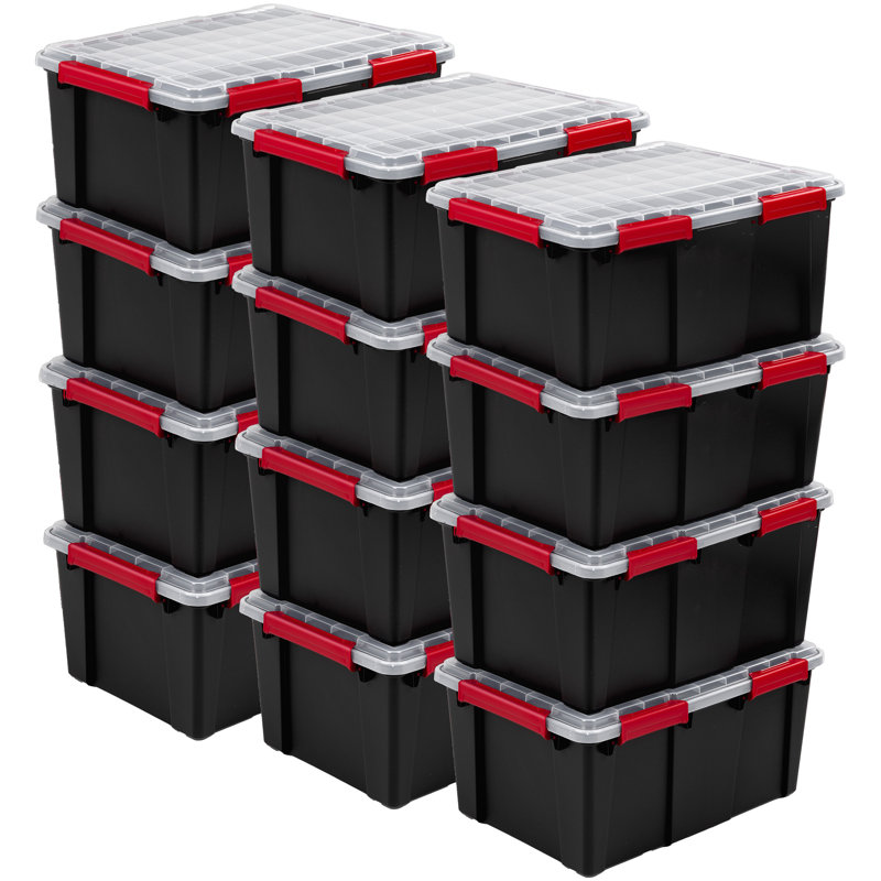 Sterilite 20 Gal Gasket Box, Stackable Storage Container w/ Lid, Black, 12 Pack