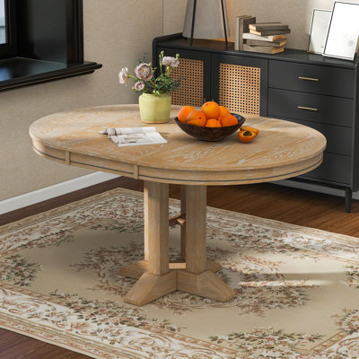 Extendable Dining Table, Round to Oval Design, 14" Removable Leaf, Oak Veneer Top, Pedestal Base, Modern Farmhouse, Dining Room