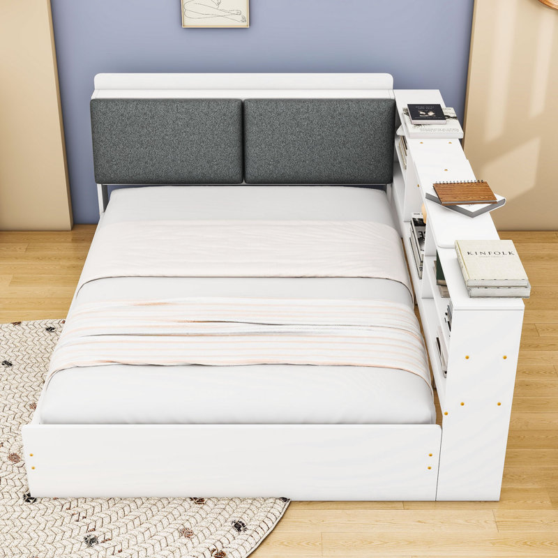 Lit plateforme double en bois avec tête de lit tapissier, rangement et tablette rotative, Blanc