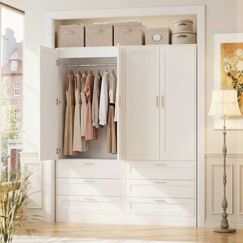 Armoire-penderie l 55 po avec 6 tiroirs, rangement pour garde-robe avec portes et tringle, Blanc