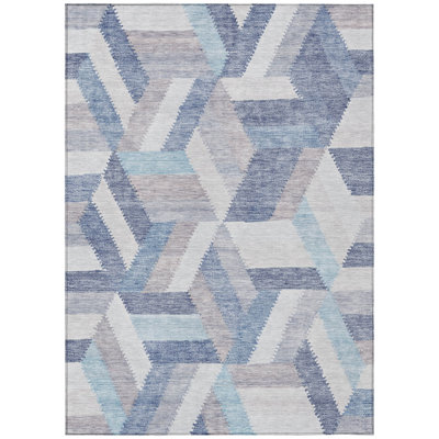 3' X 5' Denim Blue Geometric Washable Indoor Outdoor Area Rug
