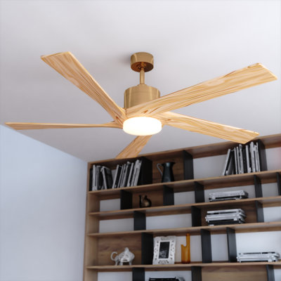  Wedgewood 60 in. Satin Brass Indoor Rod Mount Contemporary Ceiling Fan with Dark Elm Blades, Dimmable Integrated LED Light Kit and Remote Control Included, 6 Speed Energy Efficient DC Motor