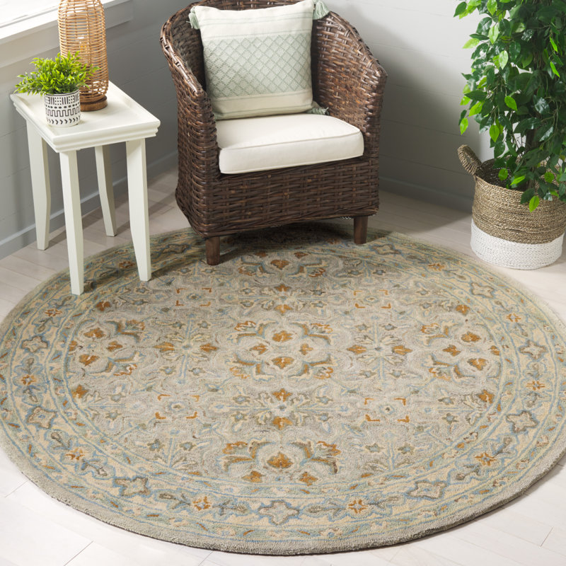 Mckinnleigh Hand Tufted Wool Cotton Oriental Rug in Green/Ivory, Round 6"