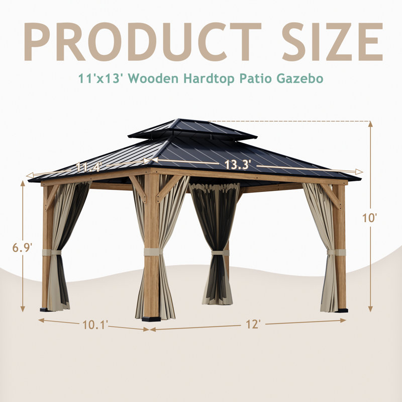 D Solid Wooden Patio Gazebo with Double Roof, Netting and Curtains, 120" H x 156" W x 132" D