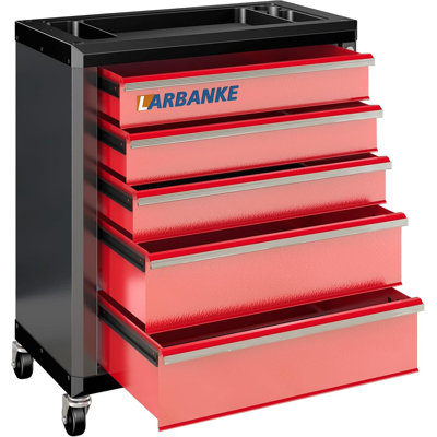 LARBANKE 5-Drawer Rolling Tool Chest with 360° Swivel Casters, Locking System, and Waterproof Top - Red/Black