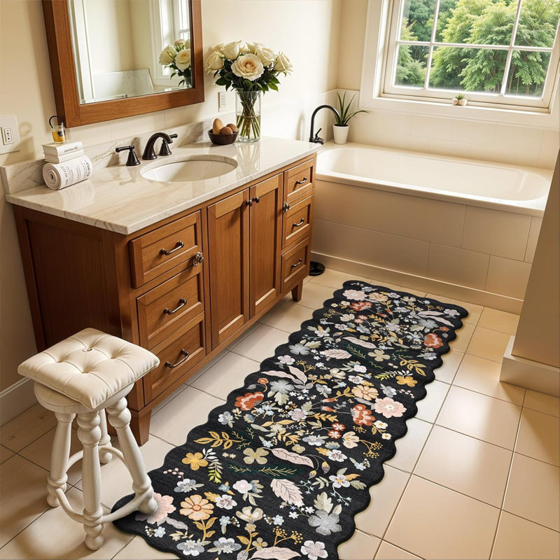 Hallway Rug Washable: Extra Long Floral Scalloped Carpet Non Slip Boho Rug for Indoor Entryway Stain Resistant Rug for Living Room
