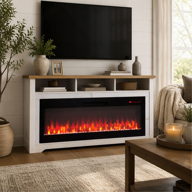 Meuble télé avec foyer intégré de 60 pouces (152 cm) pour téléviseurs jusqu'à 70 pouces (178 cm), finition blanche.
