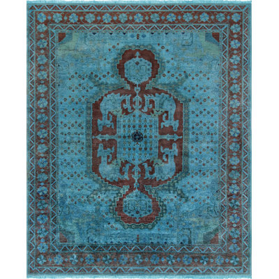 Tapis unique en laine noué à la main bleu / rouille de 8 pi 3 po x 10 pi
