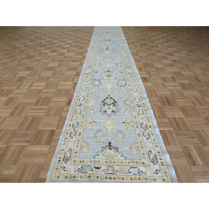 Tapis de couloir en laine noué à la main bleu ciel en Tapis décoratif laine noué à la main de conception unique 2 pi 6 po x 15 pi 2 po Corentin
