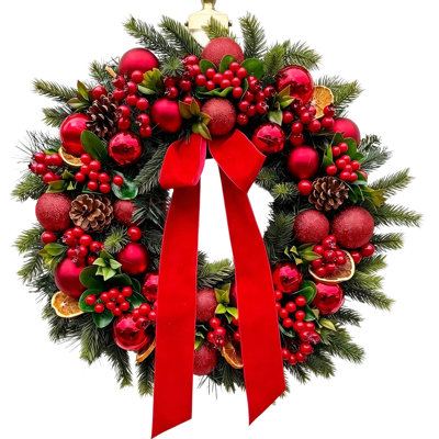 Couronne de Noël artificielle de 61 cm (24 pouces) pour porte d'entrée, ornée d'un nœud en velours, de baies rouges, de pommes de pin et de tranches d'orange séchées. Parfait pour Noël et les fêtes d'hiver.