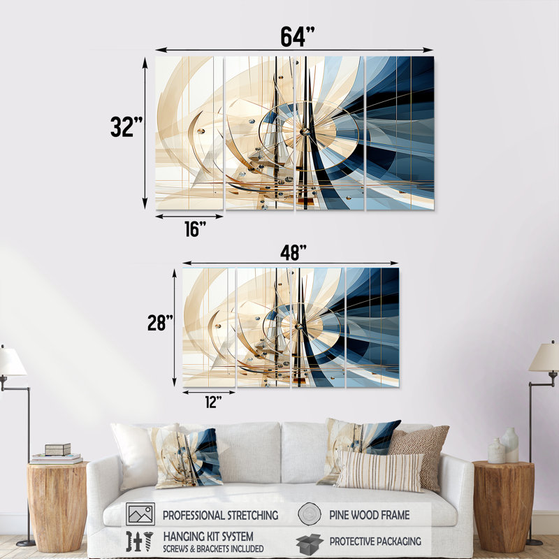 Art mural blanc et bleu, formes abstraites contemporaines, 4 pièces, H 32 po x l 64 po