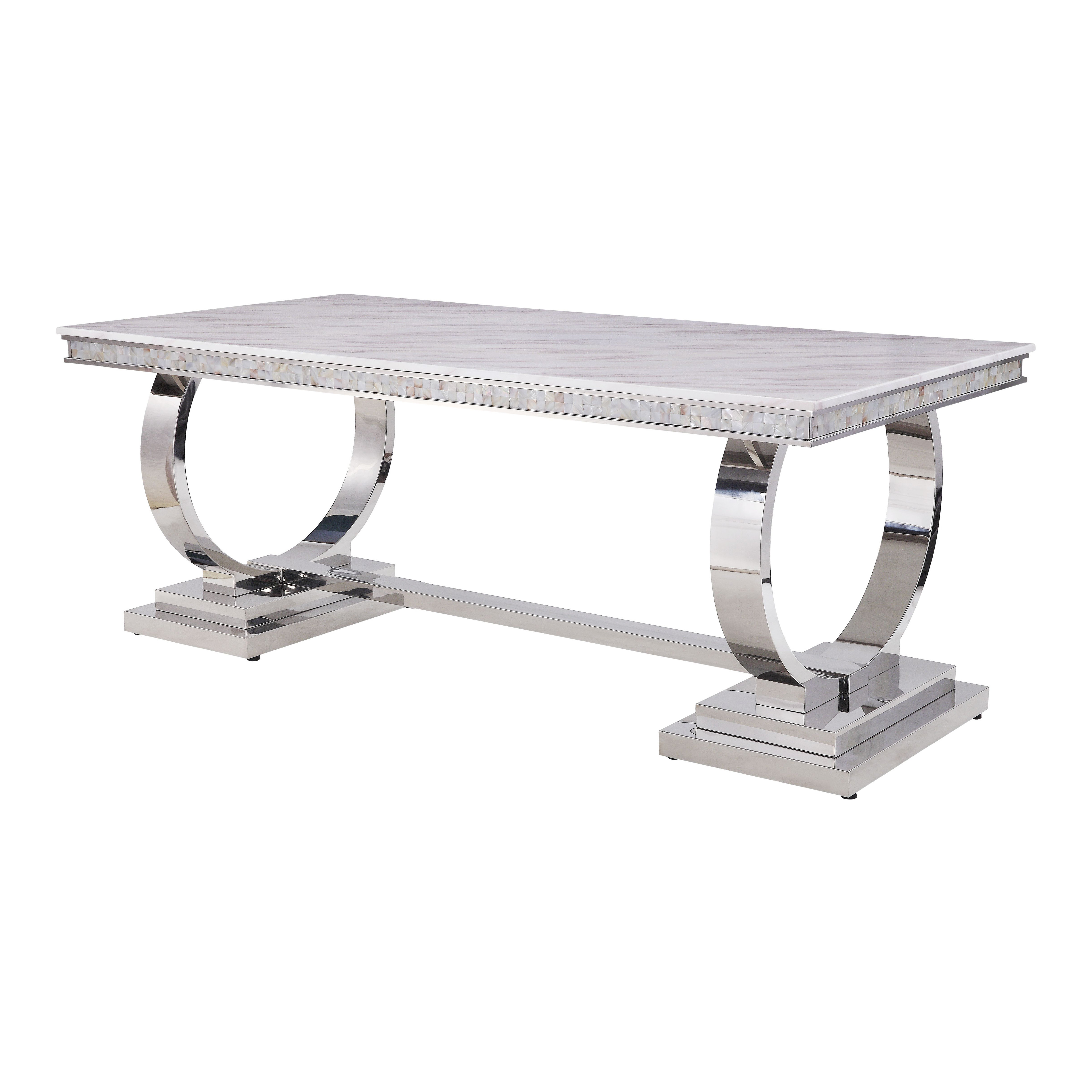 Dining Table with Marble Top and Trestle Base, Offwhite