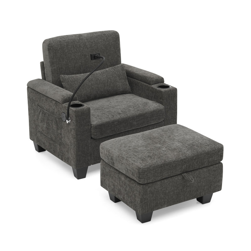 Canapé inclinable gris avec dossier réglable manuellement, port de charge USB, rangement caché et repose-pieds assorti