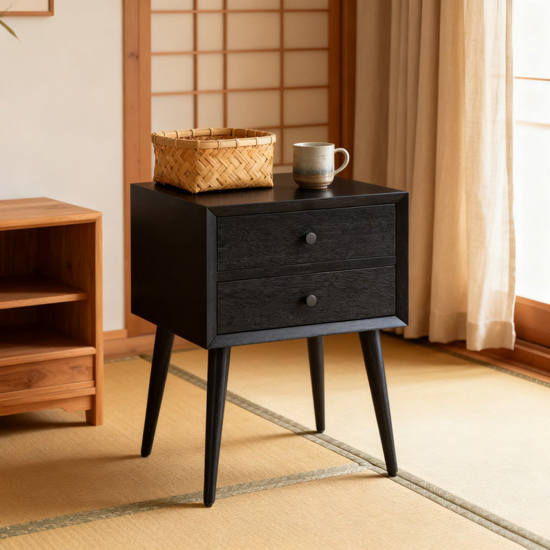 Mid-Century Modern Nightstand With 2 Drawers, Solid Acacia Wood Bedside Table With Splayed Legs For Bedroom, Living Room, And Small Spaces