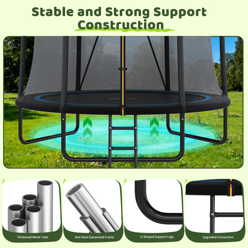 8 FT Fabric & Metal Trampoline with Ladder Black
