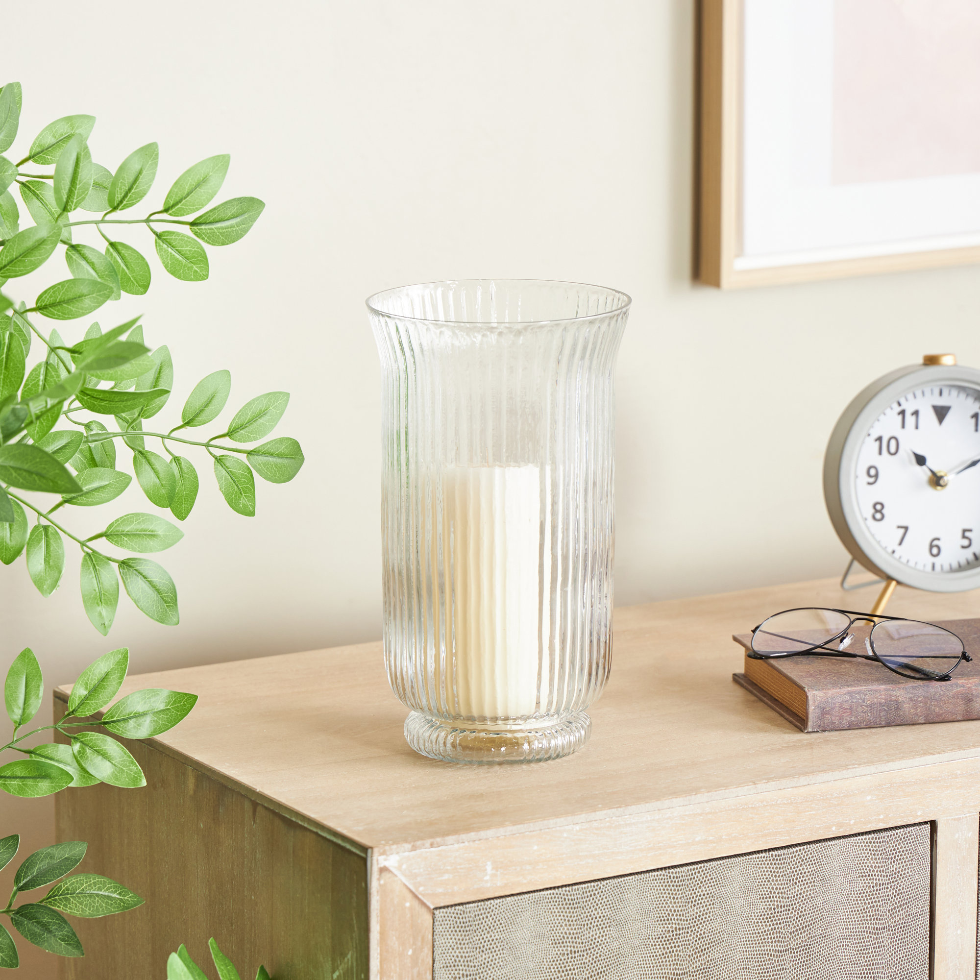 Cole And Grey Glass Ribbed Candle Holder With Elevated Base, 10.5'' H X 5.9'' W X 5.9'' D