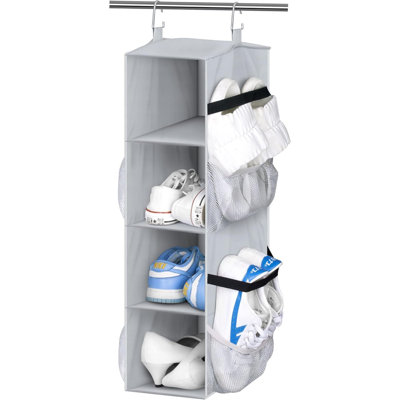 Organisateur de chaussures court pour le rangement de placard avec poches latérales en filet pouvant contenir 8 paires, support à chaussures suspendu pour véhicule récréatif, camping-car, gris