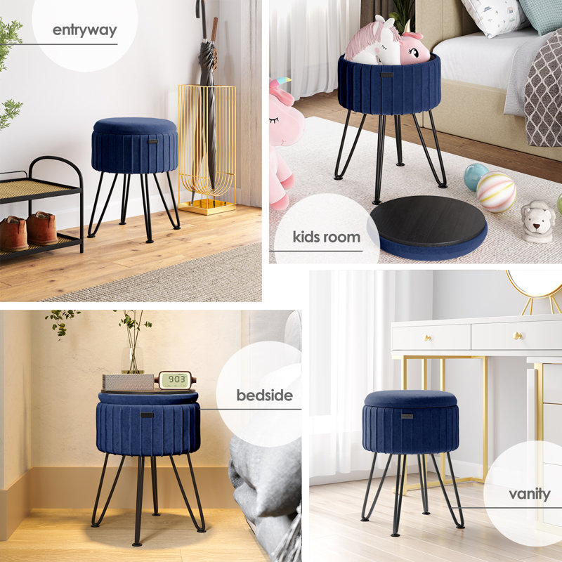 Repose-pieds rond en velours plissé avec rangement, Bleu, Noir, noir, noir, noir