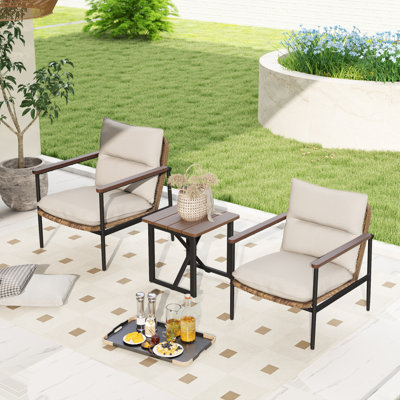 Berklee 3-Piece Aluminum Wicker Patio Conversation Set With Side Table And Light Gray Cushions