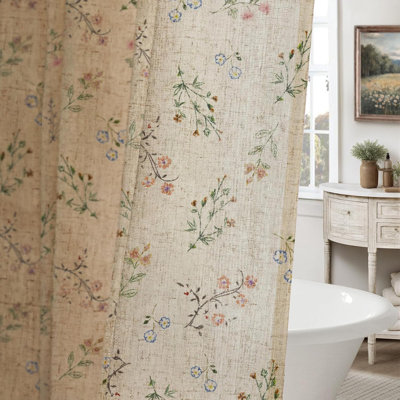 72" x 72" Floral Linen Shower Curtain, Vintage French Country Farmhouse Style