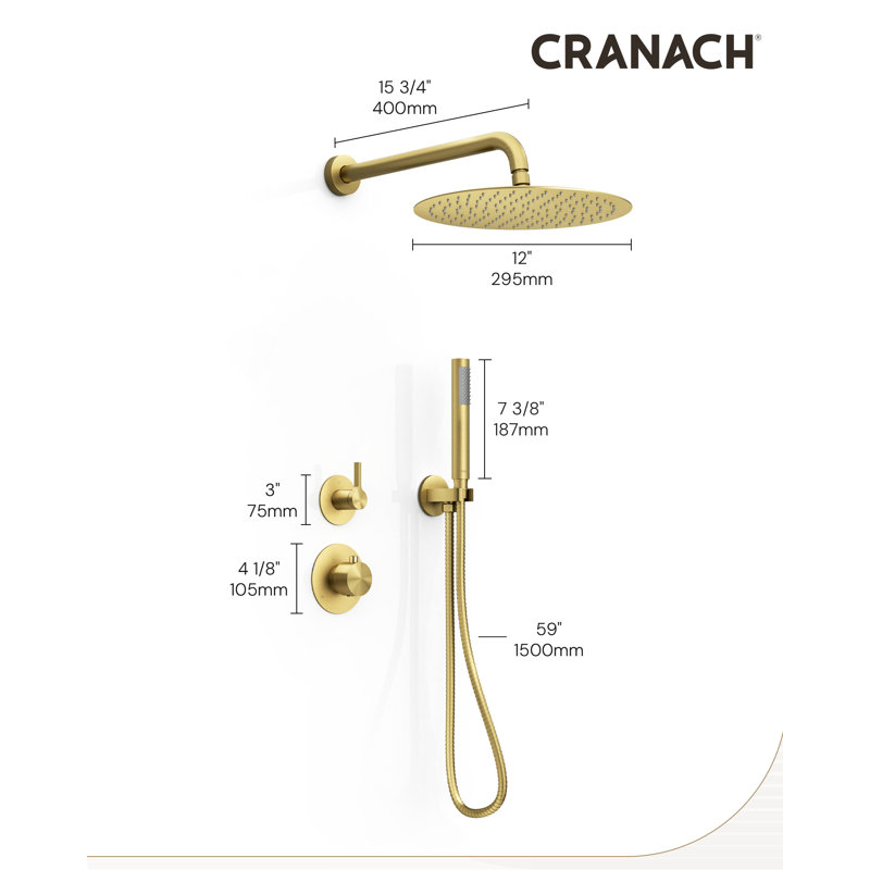 Système de douche thermostatique Tinian avec panneau de commande divisé avec pomme de douche de 12 pouces, douche à main en or brossé