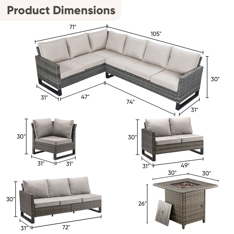 Ensemble de mobilier de patio extérieur avec table de foyer, ensemble de conversation en osier avec canapé en forme de L, canapé d'extérieur très profond