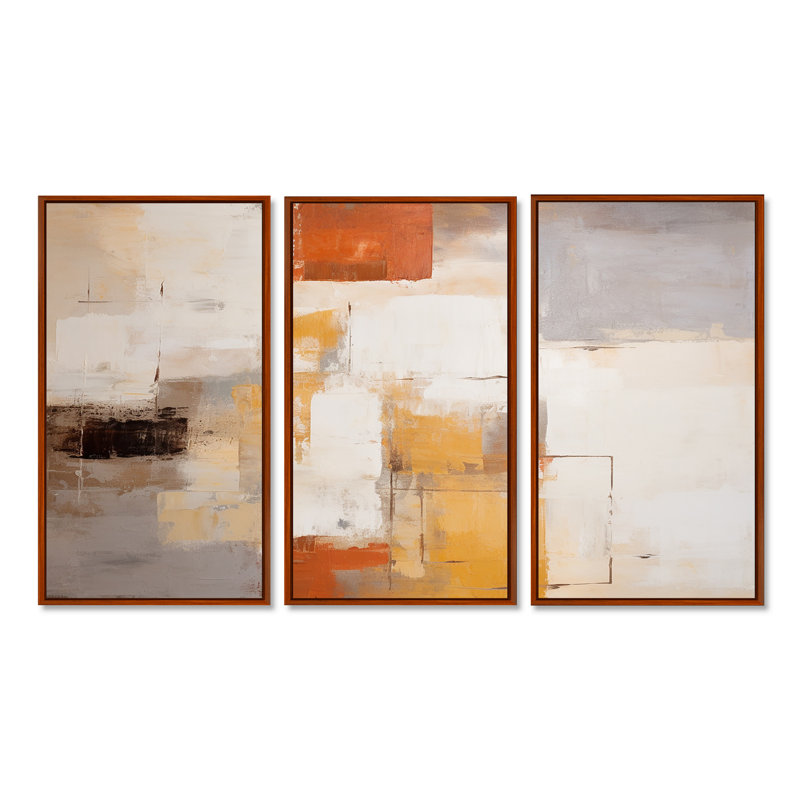 Serenity déconstruit cubiste orange - ensemble d'art mural abstrait, Cadre flottant brun, H 32 po x l 48 po x P 1 po