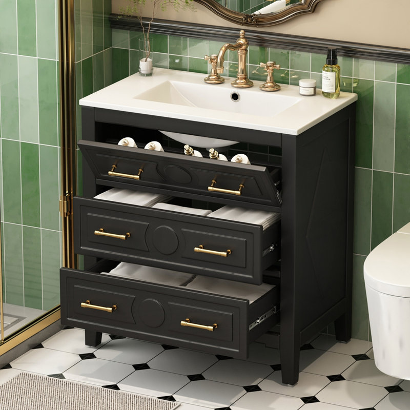 Meuble-lavabo de salle de bain avec lavabo en céramique et structure en bois massif à 3 tiroirs, Noir, Doré