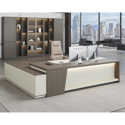 79" L Shaped Executive Desk with Drawers, Modern  Desk with LED & Power Outlets, Large Corner Office Desk Workstation (Smoked Oak & Cream White, Right Return)
