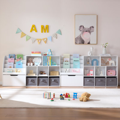 116" Wide 2-Piece Kids Bookshelf and Toy Storage Organizer Set with 2 Rolling Toy Bins, 16 Cubbies & 6 Fabric Bins, Montessori Playroom Storage for Bedroom and Nursery