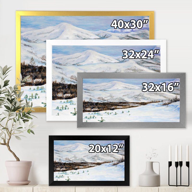 Paysage d'hiver avec des montagnes enneigées - Peinture sur toile, H 24 po x l 32 po x P 1 po, Cadre blanc