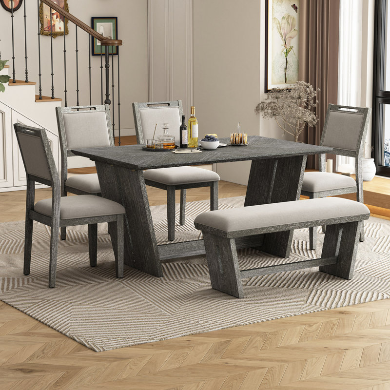 Ensemble de table de salle à manger 6 pièces pour 6, table de cuisine en bois de 60 po et 4 chaises avec banc et base en tréteaux pour la cuisine et la salle à manger