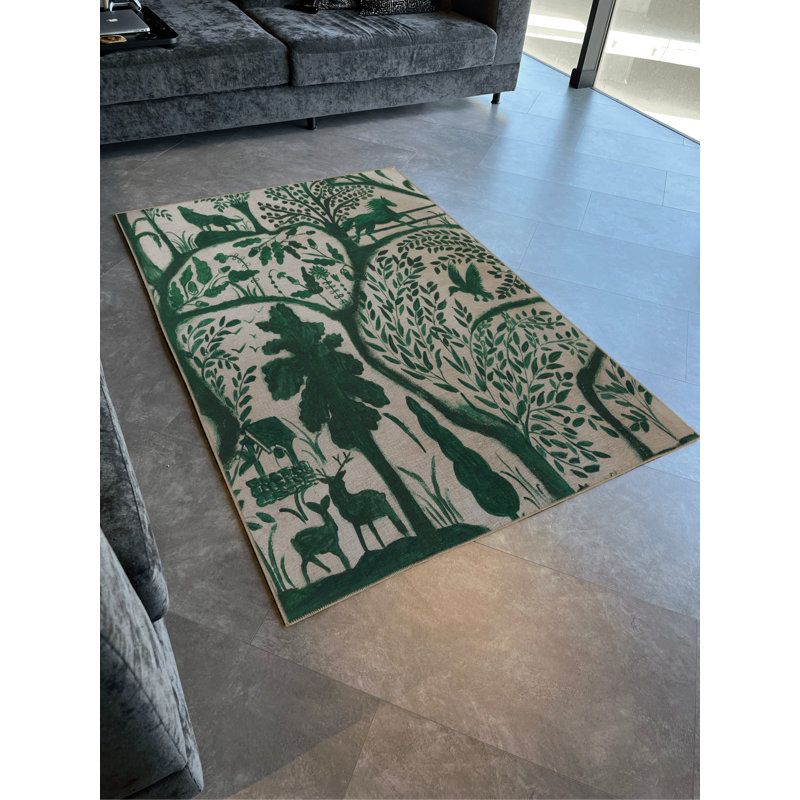 Tapis décoratif à motif vert forêt, cerf et loup, Rectangle 3 pi 3 po x 6 pi 6 po