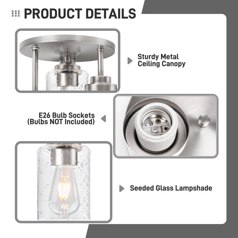 3-Light Semi Flush Mount Ceiling Light, 9 Inch Brush Nickel Close To Ceiling Light Fixtures With Seeded Glass Shades, Modern Ceiling Lighting For Kitchen, Bedroom, Entryway, ETL Listed