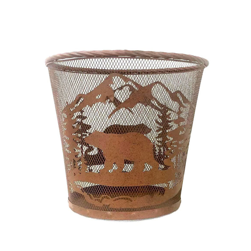 Rustic Brown Metal Mesh Bear Forest Waste Basket