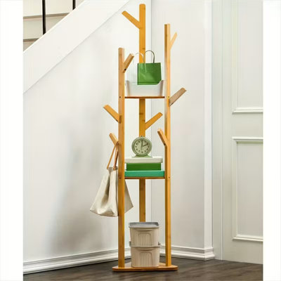 9 Hooks Bamboo Freestanding Coat Rack - Rotary Tree Stand With 3 Storage Shelves, Easy Assembly For Entryway - Natural Wood Color