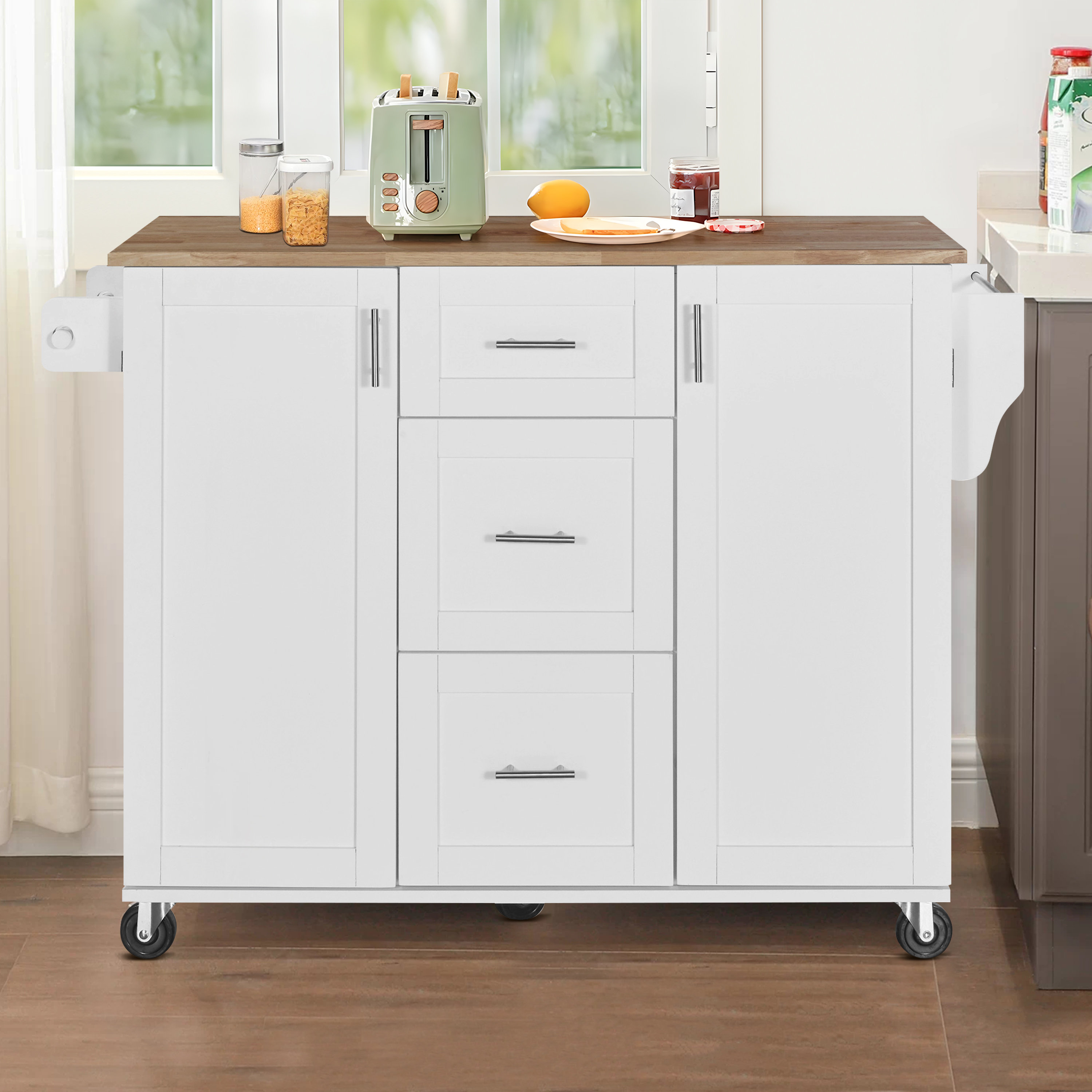 Winston Porter Rhodena Rolling Kitchen Island with Solid Wood Top | Wayfair